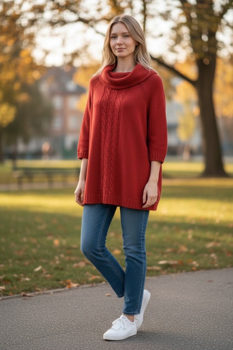 Kim Rogers Womens Large Red Cable Knit Sweater Cowl Neck 3/4 Sleeve Acrylic